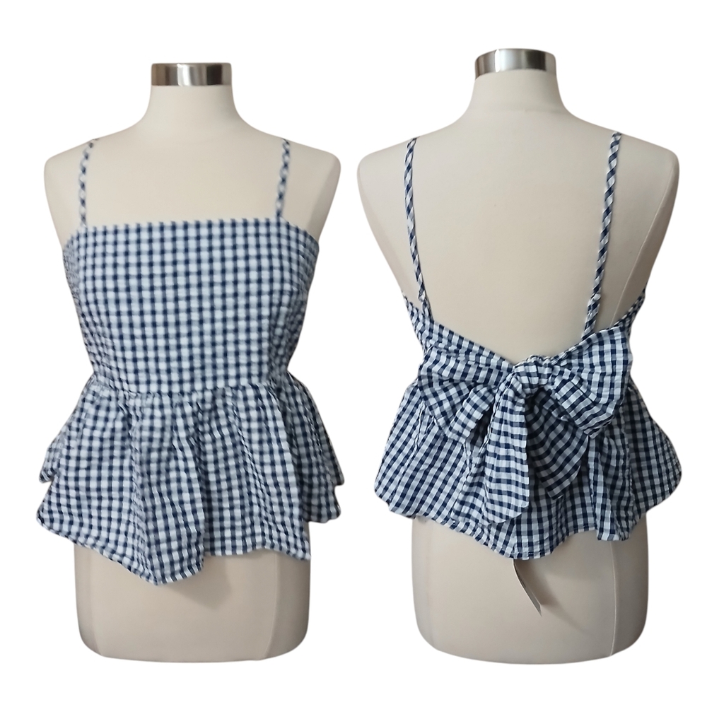 Vigoss | Blue Gingham Low Tie Back Peplum Tank Top w/ Cut Out